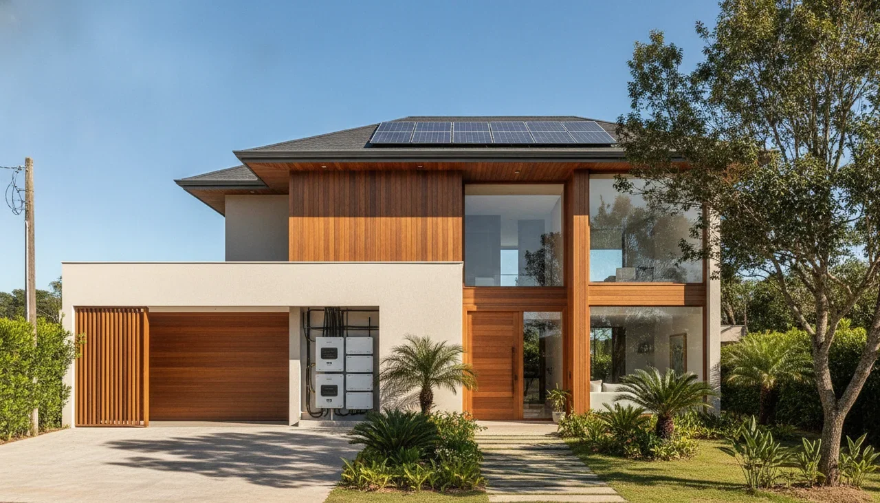 Casa ilustrativa com módulos solares no telhado, inversor e banco de baterias na fachada e poste de energia à esquerda.